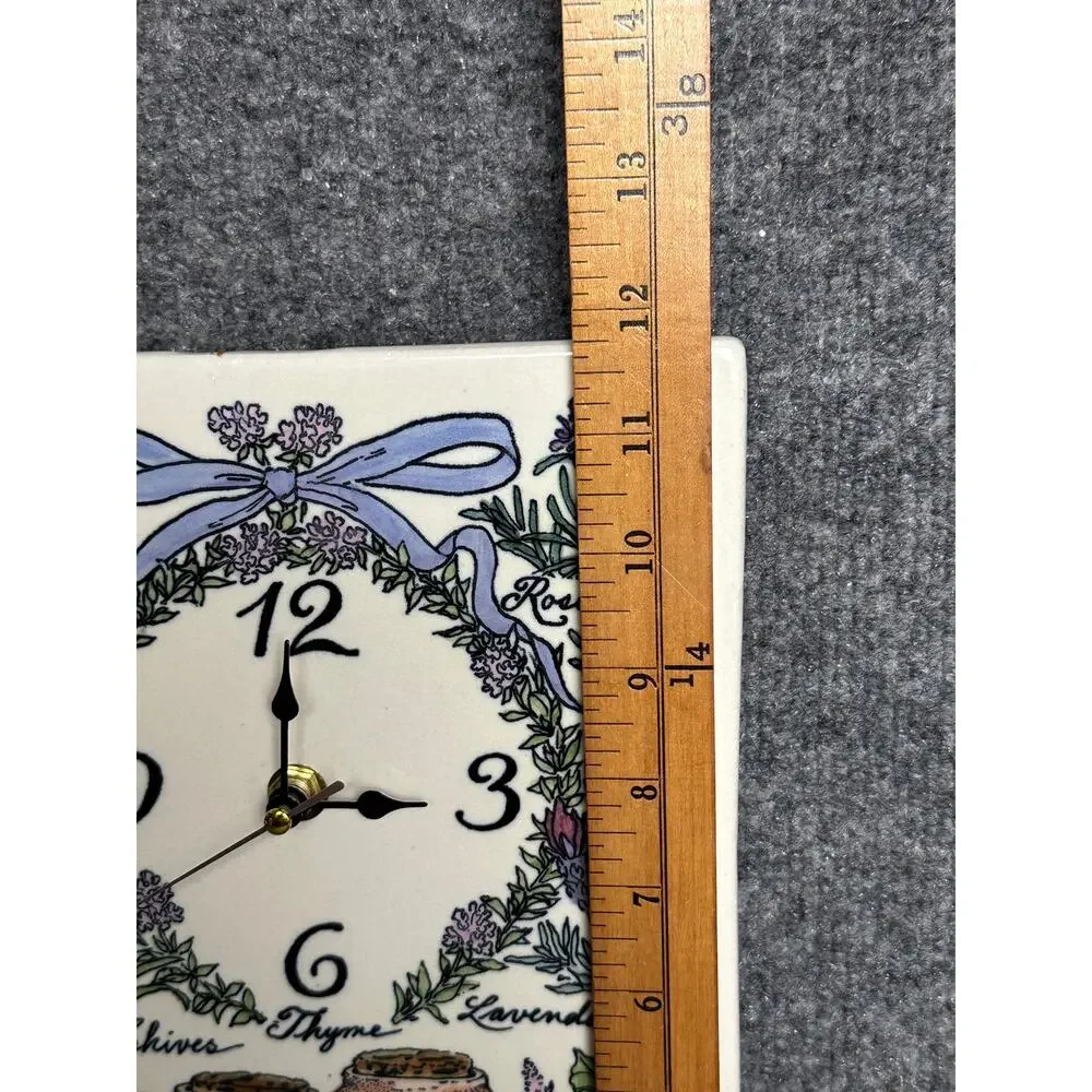 Vintage Santa Barbara Ceramic pottery wall clock TESTED herbs garden ribbon 12x8